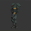 Teal Armored Sci Fi Robot Character With Orange Accents In Standing Pose