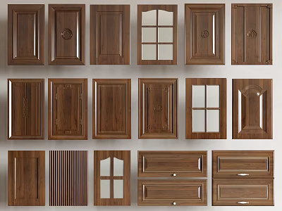 Assorted Wooden Cabinet Doors With Diverse Designs And Glass Panels 3d model