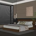 Modern Bedroom Interior With Upholstered Headboard Wooden Slat Wall Blinds Green Plant And Decorative Painting