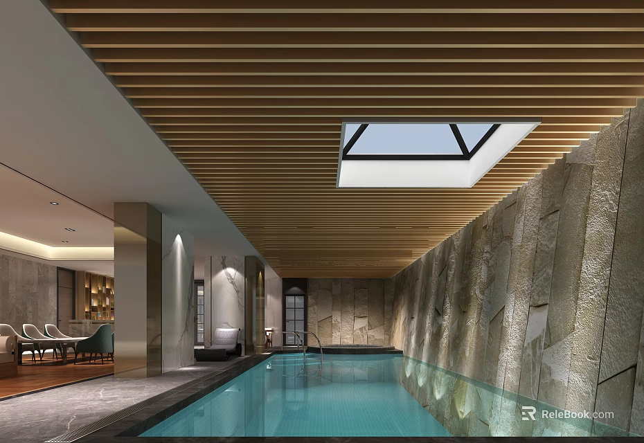 Indoor Swimming Pool With Wooden Slatted Ceiling Skylight And Natural Stone Walls 3d model 