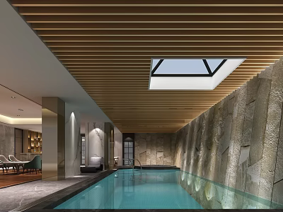 Indoor Swimming Pool With Wooden Slatted Ceiling Skylight And Natural Stone Walls 3d model
