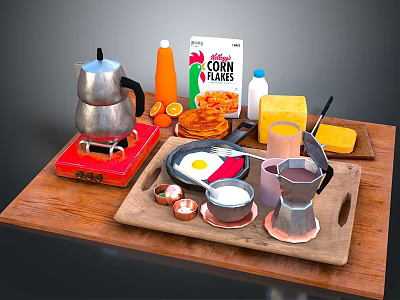 Breakfast Food Spread With Corn Flakes Fried Eggs Cheese Milk Orange Juice And Coffee 3d model
