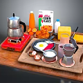 Breakfast Food Spread With Corn Flakes Fried Eggs Cheese Milk Orange Juice And Coffee
