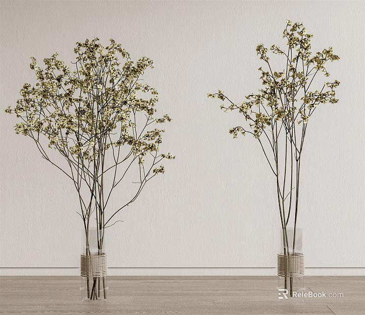 Flowering Branches in Rope Wrapped Vases Against Light Colored Wall and Wooden Floor 3d model 