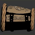 Ornate Black Leather Wrist Cuff With Gold Metal Patterns And Orange Rope Accents