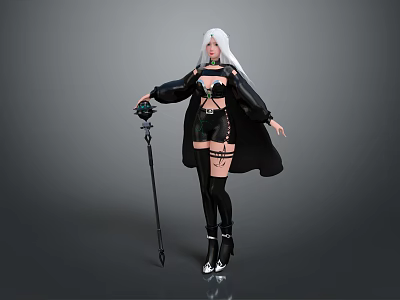 White Haired Female Mage In Black Outfit With Magical Staff And Mythical Creature 3d model