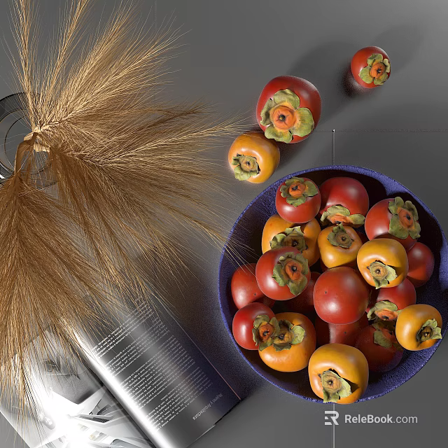Persimmons In Purple Bowl With Wheat And Glass Bottle 3d model 