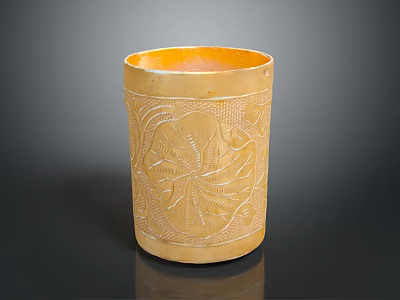 Elegant Yellow Ceramic Cup With Intricate Carved Leaf Patterns For Home Use 3d model