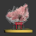 Traditional Japanese Torii Gate With Pink Cherry Blossom Green Grass And Lanterns