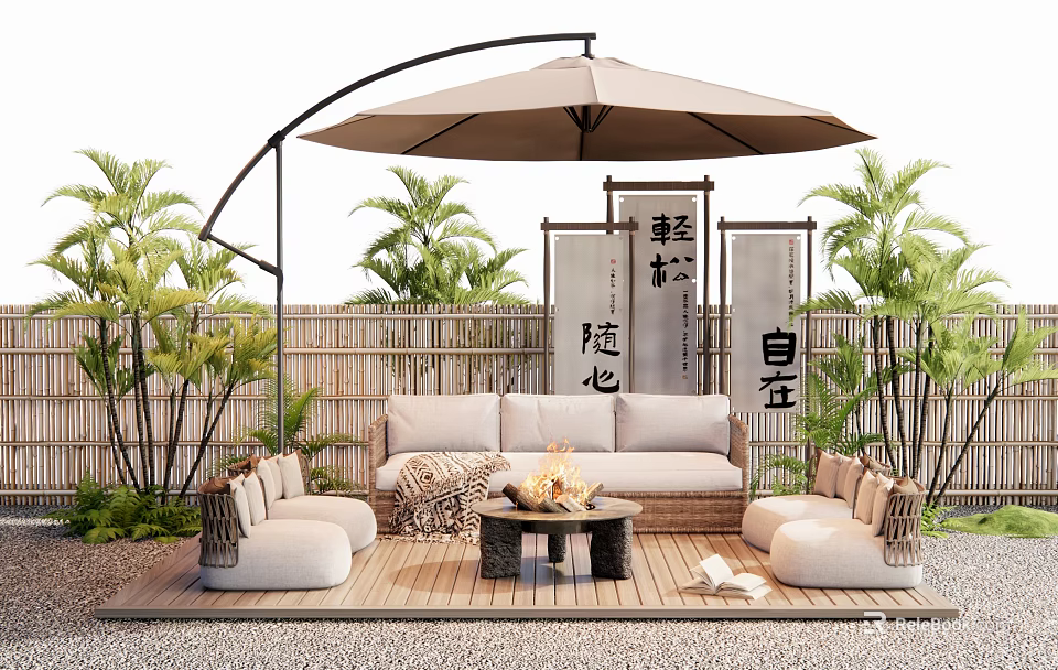 Outdoor Sofa Setup With Fire Pit Coffee Table Umbrella And Bamboo Fence Plants 3d model 