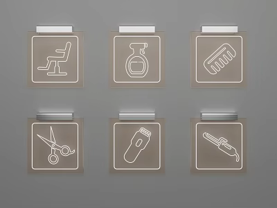 Decorative Wall Hangings with Salon Tools Icons Including Chair Comb Scissors and Curling Iron 3d model