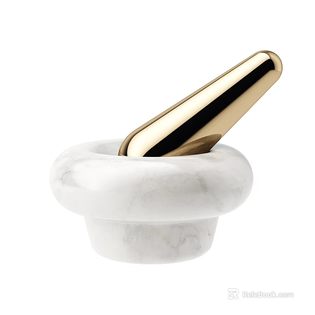 Elegant White Marble Mortar And Gold Pestle For Kitchen Use 3d model 