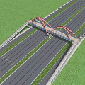 Red Arch Bridge Spanning Over Road Lanes With Grass Median And Blue Sky
