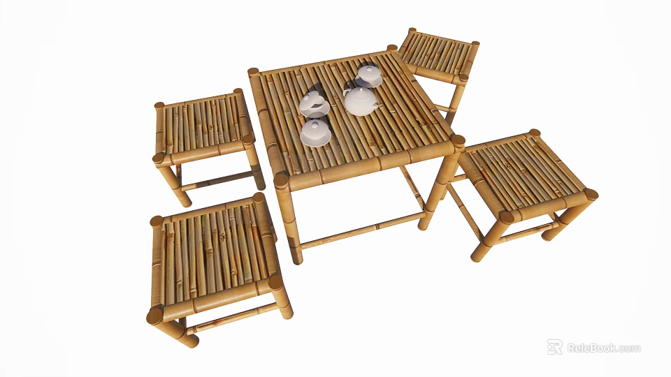 Bamboo Table with Four Stools and White Bowls on Top 3d model