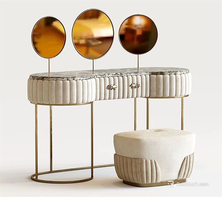 Elegant Modern Dressing Table With Marble Top Gold Frame Round Mirrors And Beige Stool 3d model
