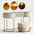 Elegant Modern Dressing Table With Marble Top Gold Frame Round Mirrors And Beige Stool 3d model