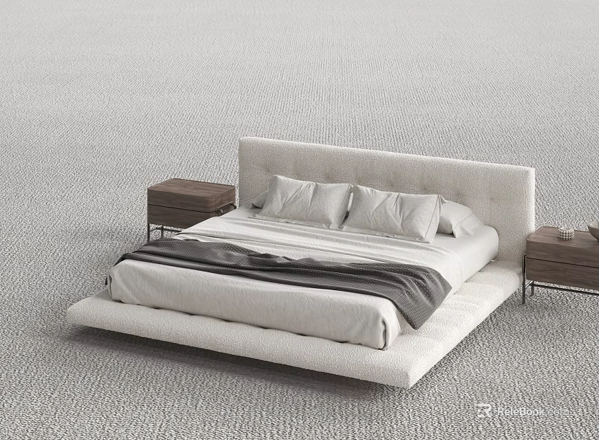 Modern Double Bed With Upholstered Headboard Two Nightstands Pillows And Blanket 3d model