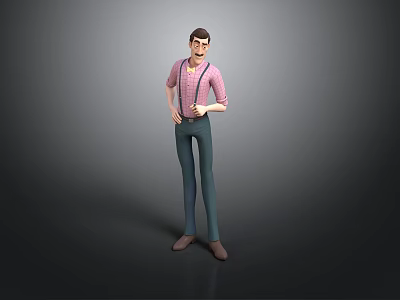 3D Male Character Model Wearing Pink Shirt And Blue Suspenders Standing On Gray Background 3d model