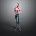 3D Male Character Model Wearing Pink Shirt And Blue Suspenders Standing On Gray Background