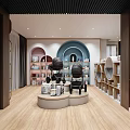 Modern Specialty Store Interior Featuring Pink Shelves Various Products Wooden Walls Large Windows and Plants