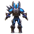Fantasy Warrior Character With Mythical Creature Inspired Blue Black Spiked Armor And Glowing Accents