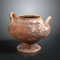 Ancient Terracotta Vessel With Two Handles Pedestal Base And Weathered Brownish Surface