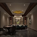 Elegant Private Dining Box Interior With Chinese Style Chandeliers Dining Table And Chairs 3d model