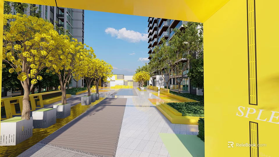 Fire Rescue Access Area With High Rise Buildings Pathway And Lush Greenery 3d model 