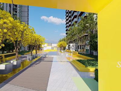 Fire Rescue Access Area With High Rise Buildings Pathway And Lush Greenery 3d model