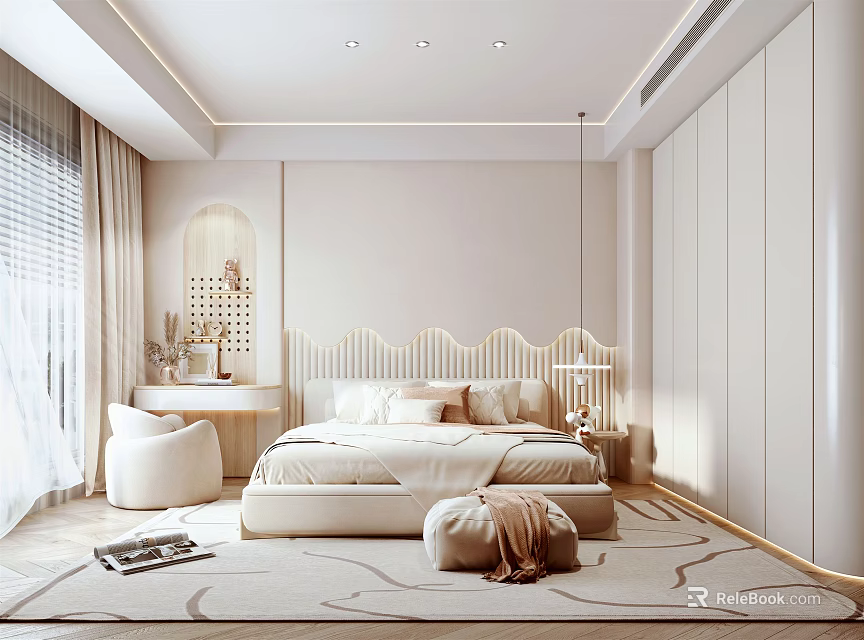 Elegant Modern Bedroom Interior With Light Colored Walls Dressing Table Chair And Soft Rug 3d model 