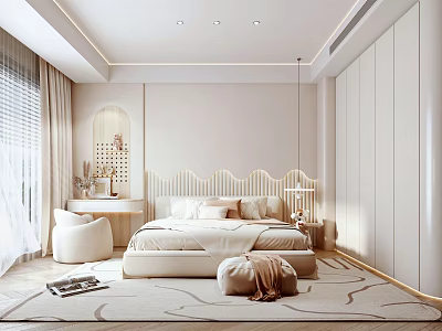 Elegant Modern Bedroom Interior With Light Colored Walls Dressing Table Chair And Soft Rug 3d model