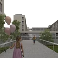 Bright Modern Office Building Exterior With Green Trees Walkway And People Holding Balloons