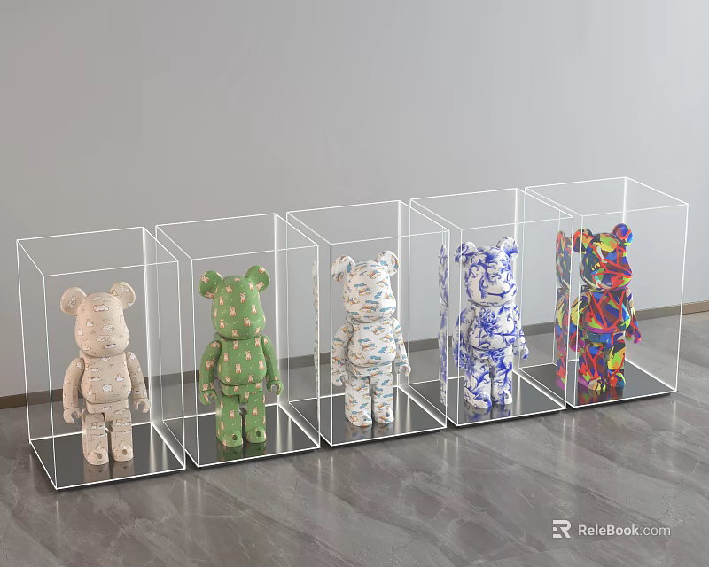 Bear Sculptures In Transparent Display Cases With Various Colors And Patterns Neatly Arranged 3d model 