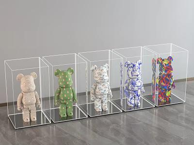 Bear Sculptures In Transparent Display Cases With Various Colors And Patterns Neatly Arranged 3d model