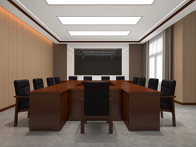 Spacious Modern Meeting Room Interior With Long Wooden Table Black Chairs And Large Screen 3d model