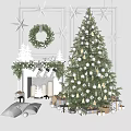 Christmas Tree Decorated With White Ornaments Stars And Wreath By Fireplace