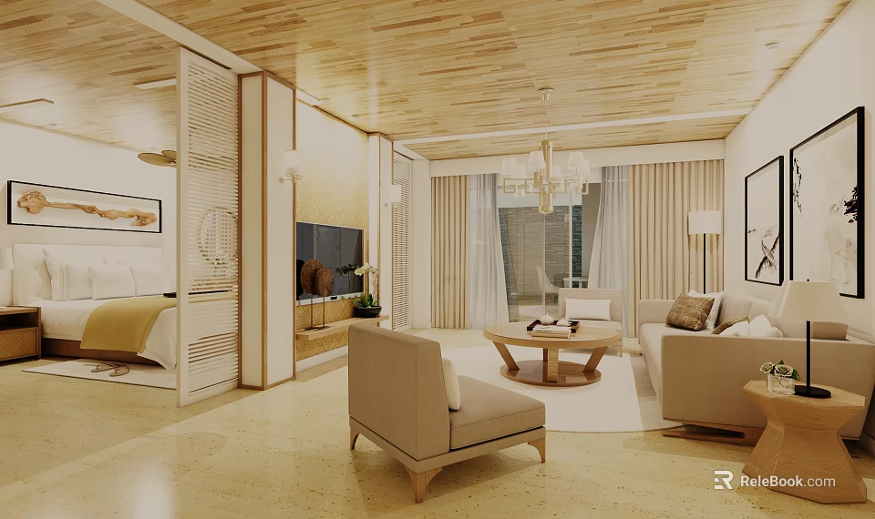 Warm Light Wood Modern Living Room With Comfortable Fabric Seats And Large Soft Window Curtains 3d model 