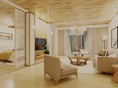 Warm Light Wood Modern Living Room With Comfortable Fabric Seats And Large Soft Window Curtains 3d model