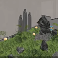 Natural Indoor Landscape With Green Moss Stones Plants Stone Pillars And White Walls