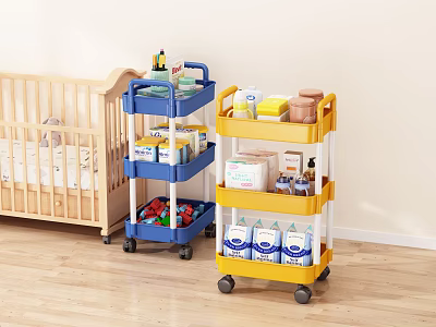 Multi Tiered Mobile Storage Carts In Blue And Yellow For Nursery Supplies 3d model