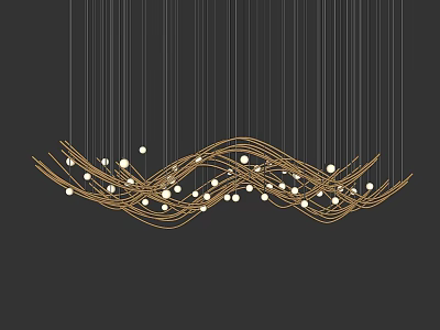 Golden Modern Chandelier With Wave Metal Lines And Small Decorative Bulbs 3d model