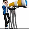 Man In Blue Jacket Looking Through Yellow And White Telescope On Tripod