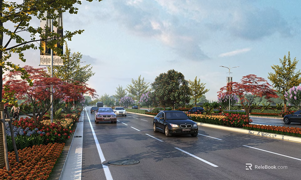 Beautiful Urban Road Landscape With Lush Trees Colorful Flowers And Passing Cars Under Soft Sky 3d model 