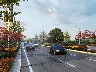 Beautiful Urban Road Landscape With Lush Trees Colorful Flowers And Passing Cars Under Soft Sky 3d model