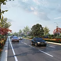 Beautiful Urban Road Landscape With Lush Trees Colorful Flowers And Passing Cars Under Soft Sky