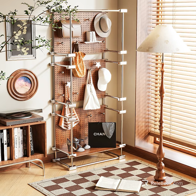 Stainless Steel Shelving Unit With Hats Handbag Shoes And Decorative Accents 3d model 