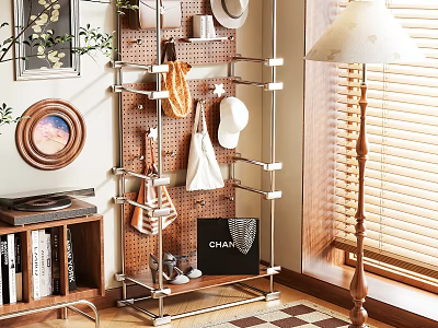 Stainless Steel Shelving Unit With Hats Handbag Shoes And Decorative Accents 3d model