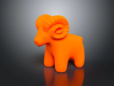 Orange Ram Toy Sculpture with Curved Horns on Black Reflective Background 3d model