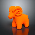 Orange Ram Toy Sculpture with Curved Horns on Black Reflective Background