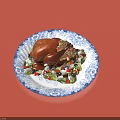 Roast Chicken with Fresh Vegetable Salad Served on Blue and White Patterned Plate